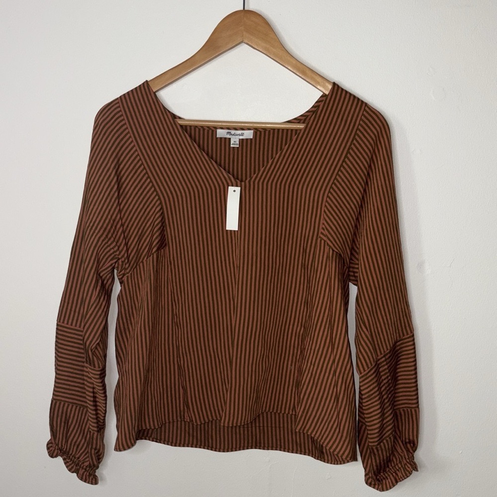 Madewell V neck Ruffle Cuff Top Stripe-play - Picture 2 of 5